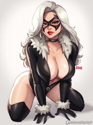 1girl absurdres between_legs black_cat black_choker black_mask breasts cat center_opening choker cleavage domino_mask felicia_hardy fur_trim hand_between_legs highres kneeling large_breasts latex long_hair looking_at_viewer magaska makeup marvel mask red_lips solo spider-man_(series) white_hair