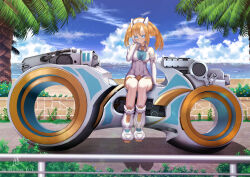 1girl beach blue_eyes boots breasts covered_navel day dress elbow_gloves full_body gloves hair_rings hat highres kein_hasegawa legs_together looking_at_viewer medium_breasts motor_vehicle motorcycle neptune_(series) nurse_cap ocean on_motorcycle orange_hair orange_heart_(neptunia) outdoors palm_tree power_symbol shin_jigen_game_neptune_vii sitting sleeveless sleeveless_dress smile solo symbol-shaped_pupils tree twintails white_dress white_gloves