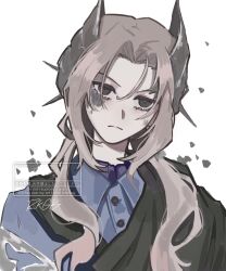 1girl absurdres artist_name black_cape blue_jacket cape closed_mouth grey_eyes grey_hair hair_ornament highres jacket long_hair looking_at_viewer military_uniform petrification portrait ratanan reverse:1999 sentinel_(reverse:1999) solo v-shaped_eyebrows watermark white_background