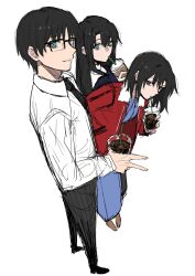 Rule 34 | 1boy, 2girls, black hair, black necktie, blue eyes, blue kimono, egomeshi, grey hair, hand in pocket, highres, jacket, japanese clothes, kara no kyoukai, kimono, kokutou azaka, kokutou mikiya, long hair, looking at viewer, multiple girls, necktie, red jacket, reien girl&#039;s academy school uniform, ryougi shiki, school uniform, shirt, short hair, simple background, white background