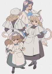 4girls absurdres animal_ear_fluff animal_ears apron beret black_dress black_eyes black_shoes black_thighhighs blonde_hair blue_dress blue_eyes braid brown_eyes brown_hair cat_ears cat_girl cat_tail closed_mouth collared_dress commentary_request dark-skinned_female dark_skin dress edoya_inuhachi fluffy_hair frilled_apron frills full_body furry green_dress grid_background hand_on_own_hip hat highres holding holding_paper long_dress long_hair looking_at_another looking_back maid mouse_ears mouse_girl multiple_girls original paper petite puffy_sleeves shoes single_braid snout standing tail thighhighs victorian_maid white_apron white_hat