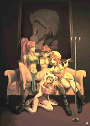 1990s_(style) 1boy 3girls anklet barefoot bartz_klauser belly_chain blonde_hair blue_mage_(final_fantasy) boots bored breasts cameltoe chemist chemist_(final_fantasy) cleavage costume dancer domino_mask faris_scherwiz feet final_fantasy final_fantasy_v galuf_halm_baldesion harem jewelry krile_mayer_baldesion_(ff5) large_breasts lenna_charlotte_tycoon long_hair lots_of_jewelry mask midriff multiple_girls mystic_knight navel painting_(object) pimp ponytail purple_hair red_hair retro_artstyle sandwiched siblings sisters syringe thighhighs very_long_hair weshika white_mage_(final_fantasy)