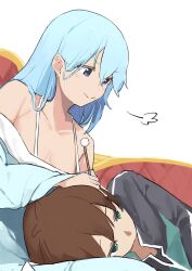1boy 1girl aqua_(konosuba) bare_shoulders black_jacket blue_eyes blue_hair blue_pajamas brown_hair commentary cotton_swab couch ear_cleaning green_jacket hair_down halterneck highres jacket kono_subarashii_sekai_ni_shukufuku_wo! lap_pillow long_hair long_sleeves mimikaki multicolored_jacket off_shoulder on_couch pajamas pocche-ex puff_of_air satou_kazuma short_hair sleepwear smile track_jacket two-tone_jacket white_background
