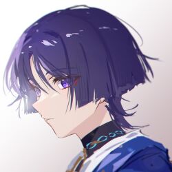 1boy absurdres black_bodysuit blue_cape blunt_ends bodysuit cape closed_mouth expressionless eyelashes eyeliner eyeshadow genshin_impact highres japanese_clothes kimono looking_at_viewer makeup male_focus miaoyeza233 portrait purple_eyes purple_hair red_eyeliner red_eyeshadow scaramouche_(genshin_impact) solo turtleneck turtleneck_bodysuit wanderer_(genshin_impact) white_background white_kimono wispy_bangs