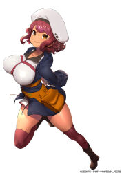 1girl belt_pouch blush breasts brown_eyes closed_mouth collarbone copyright_notice dark-skinned_female dark_skin full_body hat holt_(mahoutsukai_reimeiki) hood hooded_jacket jacket large_breasts leg_up long_sleeves looking_at_viewer mahoutsukai_reimeiki open_clothes open_jacket pink_thighhighs pouch red_hair shirt short_hair sidelocks simple_background smile solo standing standing_on_one_leg tatsuwo tented_shirt thighhighs thighs wavy_hair white_background white_hat zettai_ryouiki