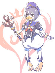 1girl anchor black_eyes black_shirt blue_hat blush colored_skin commentary_request cookie_(touhou) cosplay donald_duck donald_duck_(cosplay) fake_beak flippers full_body grey_hair hat highres kingdom_hearts long_hair looking_at_viewer mickey_mouse_&amp;_friends milk_(cookie) murasa_minamitsu puffy_short_sleeves puffy_sleeves shirt short_hair short_sleeves solo standing touhou ukiwagirl very_long_hair white_background white_skin