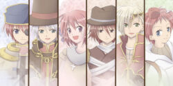 1girl 5boys :d apple_on_head armor arrow_through_apple assassin_(ragnarok_online) bandages_over_clothes bicorne blonde_hair blue_eyes blue_hat brown_cape brown_hat brown_shirt cape circlet closed_mouth coat commentary_request cross cross_necklace crusader_(ragnarok_online) eyepatch fedora gold_trim green_eyes grey_hair hair_between_eyes hat hunter_(ragnarok_online) jacket jewelry knight_(ragnarok_online) looking_at_viewer multiple_boys necklace open_mouth pauldrons pink_hair priest_(ragnarok_online) purple_eyes ragnarok_online red_coat red_hair red_shirt sharari shirt short_hair shoulder_armor smile top_hat upper_body white_jacket wizard_(ragnarok_online)