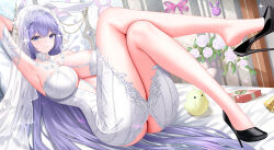 1girl areola_slip armpits arms_up ass ass_cutout azur_lane steamed_bun black_footwear blush breasts bridal_veil bride butt_crack clothing_cutout detached_collar dress food full_body high_heels highres large_breasts long_hair looking_at_viewer lying manjuu_(azur_lane) new_jersey_(azur_lane) new_jersey_(snow-white_ceremony)_(azur_lane) official_alternate_costume purple_eyes purple_hair revealing_clothes smile solo thighs tina_(tinafya) veil wedding_dress white_dress