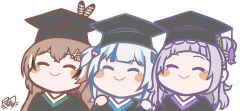Rule 34 | 3girls, blue hair, brown hair, chibi, closed eyes, closed mouth, gawr gura, hair ornament, hat, hat feather, heartcat7, highres, hololive, hololive english, long hair, mortarboard, multiple girls, murasaki shion, nanashi mumei, purple hair, signature, simple background, smile, tearing up, teeth, upper teeth only, virtual youtuber, white background