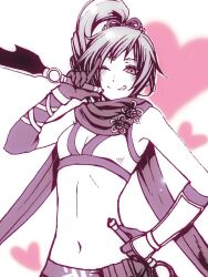 arm_up breasts brown_eyes brown_hair cleavage crop_top dagger hair_ornament heart knife kunoichi_(sengoku_musou) midriff navel ninja one_eye_closed ponytail scarf sengoku_musou side_ponytail smile tongue tongue_out weapon wink