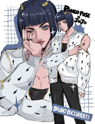 Rule 34 | 1boy, black nails, black pants, black shirt, blue eyes, blunt bangs, bowl cut, character name, collarbone, copyright name, drop shadow, english text, eyelashes, hair ornament, hairpin, hand on own cheek, hand on own face, highres, jacket, jewelry, jojo no kimyou na bouken, looking at viewer, looking down, matubaru chan, multiple necklaces, multiple rings, multiple views, one eye closed, open clothes, open jacket, outline, pants, ring, shirt, silver necklace, single bare shoulder, sparkle, unzipped, vento aureo, white background, white jacket, white outline