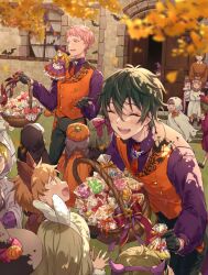 Rule 34 | autumn leaves, bat (animal), black hair, candy, ensemble stars!, food, hair between eyes, highres, itsuki shu, kagehira mika, leaf, long sleeves, mademoiselle (ensemble stars!), male focus, multiple boys, multiple girls, open mouth, outdoors, pink hair, purple eyes, short bangs, short hair, smile, valkyrie (ensemble stars!), yutsumoe