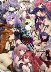 alternate_form blonde_hair blue_eyes breasts brown_eyes catherine_(atlus_character) catherine_(game) character_request cleavage copyright_request crossover demon_girl demon_horns demon_tail disgaea drill_hair earrings fate/grand_order fate_(series) haraya_manawari head_wings highres holding_hands horns interlocked_fingers jewelry large_breasts makai_senki_disgaea medium_breasts multiple_crossover orange_hair pale_skin pink_eyes pink_hair pointy_ears purple_hair red_eyes sheep_horns small_breasts smile succubus_(disgaea) tail trait_connection twin_drills wings