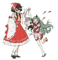 &gt;_&lt; 2girls artist_name ascot back_bow bag bare_shoulders blunt_bangs blush bow brown_eyes brown_hair brown_sandals brown_shoes closed_eyes cloud_print collared_shirt dango detached_sleeves fang food frills full_body green_hair hair_bow hakurei_reimu hand_on_own_hip hand_up hands_up heart heart_print highres holding holding_bag horns jill_07km komano_aunn long_hair long_sleeves looking_at_another multiple_girls nontraditional_miko open_mouth red_bow red_shirt red_skirt red_vest sandals shirt shoes short_hair short_sleeves shorts sidelocks simple_background single_horn skirt skirt_set sleeveless sleeveless_shirt socks standing standing_on_one_leg touhou vest wagashi wavy_hair white_background white_shirt white_shorts white_sleeves white_socks wide_sleeves yellow_ascot