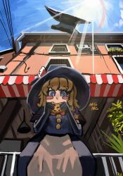 103anon 1girl anvil apron black_capelet black_gloves black_hat black_skirt black_vest blonde_hair blue_eyes blue_sky blush_stickers bow bowtie braid bright_pupils brown_apron buttons capelet commentary commission cookie cookie_(touhou) cowboy_shot eating elbow_gloves english_commentary food from_below gloves hair_bow hat highres kirisame_marisa lens_flare meguru_(cookie) outdoors red_bow red_bowtie short_hair side_braid single_braid skirt skirt_set sky solo sun touhou vest waist_apron white_pupils window witch_hat