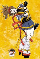1girl 20th_nezumi bandaid bandaid_on_leg brown_hair clenched_teeth hamster happi headband highres holding holding_sword holding_weapon imadake_dabuchi_tabemi imadake_dabuchi_tabesuke japanese_clothes katana loose_socks mcdonald&#039;s mumyou-sakanagare no_pupils parody pleated_skirt samurai_tamago_tabemi shigurui skirt socks striped_clothes sword teeth weapon