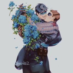 2boys animification artist_name bad_id bad_twitter_id bara black_bodysuit black_hair black_pants black_vest blue_bodysuit blue_flower blue_rose bodysuit brown_gloves brown_hair closed_eyes crossover dc_comics dick_grayson domino_mask falling_petals flower gloves highres holding_hands htnks2 bucky_barnes looking_at_another male_focus marvel mask mechanical_arms multiple_boys muscular muscular_male nightwing open_mouth pants petals rose short_hair single_mechanical_arm smile twitter_username two-tone_bodysuit vest winter_soldier yaoi