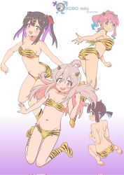 4girls :d ahoge animal_print artist_name ass bare_arms bare_legs bare_shoulders barefoot bikini bikini_bottom_only black_hair blue_hair blunt_bangs blunt_ends blush boots breasts brown_eyes brown_hair cleavage colored_inner_hair commentary cone_horns copyright_name corrupted_twitter_file cosplay covering_breasts covering_privates english_text feet fingernails flat_chest from_behind genderswap genderswap_(mtf) gradient_background grin groin hair_between_eyes hair_ornament hairclip highres horns hozuki_kaede hozuki_momiji knee_boots large_breasts light_blush long_fingernails long_hair looking_at_viewer looking_back lum lum_(cosplay) medium_breasts medium_hair multicolored_hair multiple_girls nail_polish navel onii-chan_wa_oshimai! open_mouth oyama_mahiro oyama_mihari pink_eyes pink_hair pink_nails ponytail print_bikini print_boots print_footwear purple_background purple_hair robomito setsubun short_hair short_ponytail shoulder_blades simple_background small_breasts smile soles stomach strapless strapless_bikini swimsuit tiger_print toes topless_female twintails two-tone_hair urusei_yatsura wavy_mouth white_background