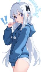 Rule 34 | !, !!, 1girl, absurdres, aged down, animal print, black bow, blue archive, blue hoodie, blush, bow, braid, commentary request, cowboy shot, hair between eyes, hair bow, hair intakes, half up braid, highres, holding, holding toothbrush, hood, hood down, hoodie, long hair, looking at viewer, miyako (blue archive), miyako (young) (blue archive), no pants, official alternate costume, one side up, panties, pom pom (clothes), print panties, purple eyes, rabbit print, shijima (shijima tc), simple background, solo, sweat, thighs, toothbrush, toothbrush in mouth, underwear, white background, white hair, white panties