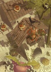 absurdres animal_focus black_eyes building closed_eyes closed_mouth commentary_request emolga flower from_above gen_2_pokemon gen_3_pokemon gen_4_pokemon gen_5_pokemon gen_8_pokemon highres hoppip in_tree king_joe_(neoroto) kricketot kricketune looking_up nintendo outdoors plant pokemon pokemon_(creature) red_flower rooftop shroomish tile_floor tiles tree vines weather_vane wooloo