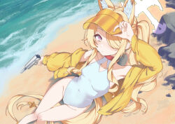 1girl animal_ear_fluff animal_ears armpits beach blonde_hair blue_archive blush breasts closed_mouth commentary covered_navel cross_halo day diamond_cutout extra_ears feet_out_of_frame fox_ears fox_girl fox_tail groin gun hair_over_one_eye halo hand_on_headwear handgun highleg highleg_one-piece_swimsuit holding holding_gun holding_pistol holding_weapon jacket loli long_hair long_sleeves looking_at_viewer lying ocean off_shoulder official_alternate_costume official_alternate_hairstyle on_side one-piece_swimsuit one_eye_covered open_clothes open_jacket outdoors persocon93 pink_eyes rock seia_(blue_archive) seia_(swimsuit)_(blue_archive) shore side_ponytail small_breasts solo swimsuit tail tail_ornament thighs very_long_hair very_long_tail visor_cap water weapon white_one-piece_swimsuit yellow_halo yellow_jacket yellow_visor