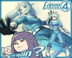 2girls ? artist_name blue_bodysuit bodysuit closed_mouth commentary cosplay elf english_commentary english_text fantastic_four fern_(sousou_no_frieren) frieren gloves green_eyes highres long_hair marvel multiple_girls open_mouth pointy_ears purple_eyes purple_hair saikekuu sousou_no_frieren straight_hair sue_storm sue_storm_(cosplay) twintails white_background white_bodysuit white_hair