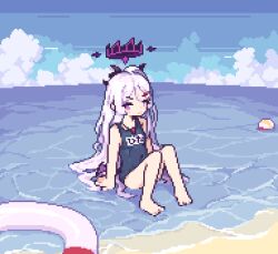 1girl ahoge ball beachball black_halo blue_archive blue_sky breasts day halo highres hina_(blue_archive) hina_(swimsuit)_(blue_archive) innertube long_hair looking_at_viewer ocean old_school_swimsuit outdoors pixel_art purple_eyes school_swimsuit sitting sky small_breasts solo summer swim_ring swimsuit thetkakaka white_hair