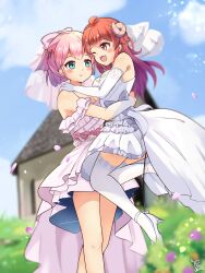 2girls ahoge artist_name blue_eyes blue_sky blush_stickers breasts bridal_gauntlets brown_eyes chiyoda_momo cleavage cloud cruvie day demon_girl demon_horns demon_tail dress eye_contact fang flower grass hair_ornament hair_ribbon hairclip high_heels highres horns hug hut large_breasts lifting_person long_hair looking_at_another machikado_mazoku multiple_girls open_mouth outdoors petals pink_hair red_hair ribbon shoes short_hair skin_fang sky smile tail thighhighs wedding_dress wife_and_wife yoshida_yuuko_(machikado_mazoku) yuri