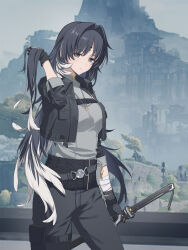 1girl absurdres bandaged_arm bandages black_eyes black_gloves black_hair black_jacket black_pants breasts chinese_commentary closed_mouth collared_jacket commentary_request cosplay feather_hair gloves grey_shirt hair_intakes hand_up highres holding holding_sword holding_weapon jacket jewelry kohane_kun looking_at_viewer male_rover_(wuthering_waves) male_rover_(wuthering_waves)_(cosplay) medium_breasts mole mole_under_eye necklace pants rover_(wuthering_waves) scabbard sheath sheathed shirt sleeves_rolled_up solo sword weapon wuthering_waves yangyang_(wuthering_waves)
