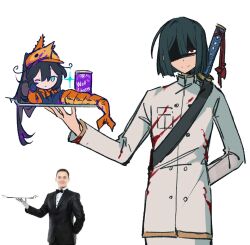 1boy 1girl black_hair bob_cut closed_mouth crustacean e.g.o_(project_moon) hand_up highres holding holding_tray hong_lu_(project_moon) jacket limbus_company llllao216913 long_sleeves looking_at_viewer one_eye_closed ootachi project_moon r.b._(identity)_(project_moon) red_eyes ryoshu_(project_moon) short_hair shrimp simple_background smile soda_(e.g.o) sword sword_on_back tray weapon weapon_on_back white_background white_jacket
