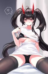 1girl :q absurdres ahoge black_bra black_hair black_panties bra breasts breasts_apart brown_thighhighs closed_mouth clothes_lift crop_top demon_horns hand_up heart heart-shaped_pupils high-waist_skirt highres horns large_breasts lifting_own_clothes long_hair looking_at_viewer original panties q_cupid_p3 red_eyes shirt shirt_lift short_sleeves sitting skirt smile solo spoken_heart spread_legs string_bra symbol-shaped_pupils thighhighs tongue tongue_out twintails underwear very_long_hair white_shirt white_skirt