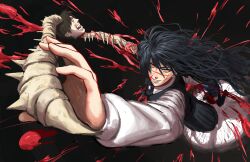 1girl absurdres black_dress black_hair black_ribbon blood blood_spray chainsaw_man dress facial_scar fourth_east_high_school_uniform highres intestines long_sleeves neck_ribbon pinafore_dress ribbon ringed_eyes scar scar_on_cheek scar_on_face school_uniform severed_head shirt sleeveless sleeveless_dress solo spine tanaka_(chainsaw_man) titann white_shirt yellow_eyes yoru_(chainsaw_man)