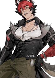 1boy animal_ears bara bittersweet334 black_choker black_jacket choker highres jacket jewelry komano_manato looking_at_viewer male_focus multicolored_hair muscular muscular_male necklace open_mouth partially_open_jacket pectoral_cleavage pectorals red_eyes scar scar_on_chest scar_on_face shirt simple_background solo teeth white_background white_shirt wolf_boy wolf_ears zenless_zone_zero