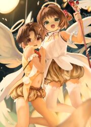 Rule 34 | 1boy, 1girl, :d, angel wings, brown eyes, brown hair, brown skirt, bubble skirt, cardcaptor sakura, crumbles, fake halo, flat chest, green eyes, hair bobbles, hair ornament, halo, highres, holding, holding staff, kinomoto sakura, kinomoto sakura (miraculous sakura), li xiaolang, looking at viewer, magical girl, nipples, open mouth, penis, shirt, short hair, skirt, smile, staff, thighhighs, traditional halo, white shirt, white thighhighs, white wings, wings, yellow halo