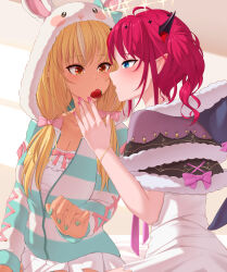 2girls absurdres ahoge alternate_costume alternate_hair_color alternate_hair_length alternate_hairstyle animal_ears animal_hood aqua_nails arm_up bed_sheet black_horns blonde_hair blue_eyes blush bow breasts camisole capelet choppy_bangs commentary dress english_commentary eye_contact fake_animal_ears food food_in_mouth frilled_camisole frills fruit fur-trimmed_capelet fur_trim hair_bow hair_over_shoulder halo hand_on_another&#039;s_face highres hololive hood hooded_capelet hoodie horns hui_yu imminent_kiss irys_(casualrys)_(hololive) irys_(hololive) large_breasts layered_capelet looking_at_another low_twintails medium_hair miniskirt multicolored_hair multiple_girls no_wings on_bed orange_eyes partially_unzipped pink_bow pink_nails pleated_skirt pointy_ears rabbit_ears red_hair shiranui_flare shiranui_flare_(loungewear) skirt star_halo straight_hair strawberry streaked_hair striped_clothes striped_hoodie twintails upper_body variant_set wavy_hair white_camisole white_dress white_hair white_skirt yuri