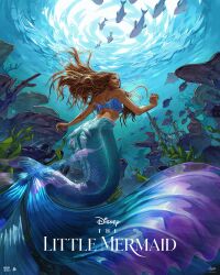 1girl absurdres ariel_(disney) ass bikini bikini_top_only blue_bikini brown_hair commentary copyright_name coral dark-skinned_female dark_skin disney english_commentary fish floating_hair from_behind giate highres logo long_hair looking_to_the_side making-of_available mermaid monster_girl movie_poster official_art parted_lips realistic seaweed shipwreck signature solo swimsuit the_little_mermaid_(2023) the_little_mermaid_(disney) underwater very_long_hair