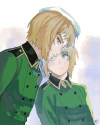 1boy 1girl axis_powers_hetalia beret blonde_hair blush brother_and_sister green_eyes hair_ribbon hat highres jacket liechtenstein_(hetalia) looking_at_another looking_at_viewer military_jacket military_uniform momoka_(abc_momoka0718) open_mouth ribbon short_hair siblings switzerland_(hetalia) upper_body