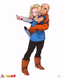1boy 1girl android_18 bald bald_male black_eyes blonde_hair blue_eyes couple dragon_ball hug husband_and_wife kuririn lifting_person muscular muscular_male pointing protecting serious white_background