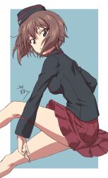 Rule 34 | 1girl, absurdres, brown eyes, brown hair, erakin, garrison cap, girls und panzer, hat, highres, jacket, kuromorimine military uniform, looking at viewer, miniskirt, nishizumi maho, parted lips, red skirt, short hair, skirt, solo