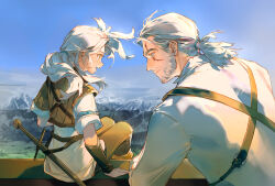 1boy 1girl aged_down beard blue_eyes blue_sky child ciri cloud day facial_hair floating_hair freckles geralt_of_rivia green_eyes grey_hair long_hair long_sleeves mountainous_horizon outdoors ponytail profile scar scar_across_eye scar_on_face shirt short_sleeves sitting sky smile sword teeth the_witcher_(series) the_witcher_3 upper_teeth_only weapon white_shirt yuji_(fantasia)