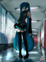 Rule 34 | 1girl, aqua eyes, aqua hair, aqua necktie, aqua trim, arm tattoo, bare shoulders, black skirt, black sleeves, blurry, blurry background, boots, breast pocket, breasts, ceiling, ceiling light, collared shirt, commentary request, crazy grin, detached sleeves, frilled shirt, frills, full body, glowing, glowing eyes, grey shirt, hair between eyes, hair ornament, hatsune miku, highres, hylran0427, indoors, long hair, long sleeves, looking at viewer, medium breasts, miniskirt, necktie, number tattoo, pleated skirt, pocket, ringed eyes, shirt, sidelighting, sidelocks, signature, skirt, sleeveless, sleeveless shirt, sleeves past wrists, solo, standing, tattoo, teeth, thigh boots, thighhighs, tie clip, twintails, untucked shirt, very long hair, vocaloid, windpump, zettai ryouiki