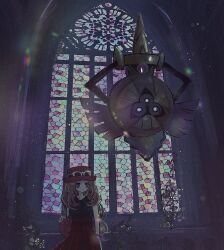 1girl aegislash bag black_shirt brown_hair closed_mouth commentary_request eyewear_on_headwear gen_6_pokemon hat highres horimhkw11 leaf long_hair nintendo pink_bag plant pokemon pokemon_(creature) pokemon_xy red_hat red_skirt serena_(pokemon) shirt skirt stained_glass vines