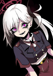 1girl absurdres belt black_background black_belt black_eyeliner black_eyeshadow black_jacket black_ribbon blue_archive breasts brown_skirt crazy_eyes cropped_jacket eyeliner eyeshadow hair_between_eyes hair_ribbon halo highres jacket long_hair looking_at_viewer makeup multicolored_jacket mutsuki_(blue_archive) nagainegi neck_ribbon parted_lips purple_eyes red_halo red_jacket red_ribbon ribbon shirt side_ponytail simple_background skirt small_breasts smile solo two-tone_jacket white_hair white_shirt