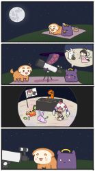 1girl 4koma absurdres alcohol beer_can blanket bread can chibi comic commentary crab dj dog drink_can drinking flag food halo highres hololive hololive_english kaguya-hime_no_monogatari kaniko_(tsukumo_sana) moon mortar_(bowl) mpien night night_sky octopus party phonograph picnic picnic_basket portal_(object) rabbit sana_worm_(tsukumo_sana) sanallite_(tsukumo_sana) silent_comic sky slug speech_bubble star-shaped_eyewear star_(sky) star_(symbol) starry_sky sunglasses syringe takodachi_(ninomae_ina&#039;nis) telescope tentacles tongue tongue_out tsukumo_sana turntable usaslug_(tsukumo_sana) virtual_youtuber worm yatagarasu_(tsukumo_sana)