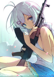 .live 1girl akm antenna_hair assault_rifle blue_eyes blue_skirt closed_mouth commentary_request gun hair_between_eyes hair_ornament holding holding_gun holding_weapon kalashnikov_rifle looking_at_viewer petals petals_on_liquid piro_(orip) rifle seiza shirt short_hair dennou_shoujo_siro sitting skirt sleeveless smile solo virtual_youtuber weapon wet wet_clothes wet_hair wet_shirt wet_skirt white_hair white_shirt