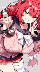 Rule 34 | 1girl, asymmetrical legwear, breasts, buttons, collarbone, green eyes, highres, large breasts, looking at viewer, pink shirt, red hair, shigatsu shizuki, shirt, single leg pantyhose, skirt, smile, smug, solo, sweater, twintails, twitter username, ukinami yuzuha, zenless zone zero