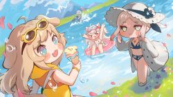 &gt;_&lt; 4girls :3 ahoge amelia_(trickcal) animal_ears arms_up bikini bikini_skirt bikini_under_clothes blonde_hair blue_bikini blue_eyes blush blush_stickers brown_hair butter_(trickcal) cat_ears cat_girl cat_tail character_request chibi cloud dog_ears dog_girl dog_tail dolphin dress fang food goggles goggles_on_head hand_on_own_face hat highres ice_cream ice_cream_cone innertube jewelry kommy_(trickcal) lake long_hair mountain multiple_girls naia_(trickcal) nature necklace open_clothes open_dress open_mouth outdoors petals picdung pointy_ears polka_dot polka_dot_bikini riding shirt short_hair skirt sky sleeveless sleeveless_shirt smile sun_hat swim_ring swimsuit tail trickcal water white_bikini white_dress white_hair white_hat white_skirt yellow_shirt