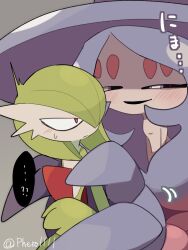 ? ?? a-nya artist_name black_sclera blush bob_cut colored_sclera colored_skin gardevoir gen_3_pokemon gen_8_pokemon green_hair green_skin hair_over_one_eye hatterene multicolored_skin nintendo pokemon pokemon_(creature) prehensile_hair smile sweatdrop two-tone_skin white_skin