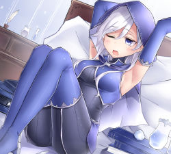 1girl armpits arms_up bed blue_boots blue_eyes blue_thighhighs bodysuit book book_stack boots bottle breasts chest_of_drawers commentary_request elbow_gloves eyebrows female_focus gloves highres hood hood_up inkwell knees_up medium_breasts neit_ni_sei on_bed one_eye_closed open_mouth original pillow quill rock short_hair sidelocks silver_hair sleeveless sleeveless_bodysuit solo stretching thigh_boots thighhighs vial wall witch