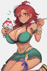 1girl absurdres accident bare_shoulders berry bikini black_choker blush bracelet breasts choker cleavage clumsy dark-skinned_female dark_skin fire_emblem fire_emblem:_three_houses fire_emblem_heroes flower food fruit gonzarez green_bikini hair_flower hair_ornament hapi_(fire_emblem) hapi_(summer)_(fire_emblem) highres holding holding_food holding_ice_cream holding_spoon ice_cream jewelry kneeling large_breasts long_hair melting melting_ice_cream navel nintendo official_alternate_costume open_mouth platform_sandals red_eyes red_hair sandals shaved_ice skindentation solo spoon stomach strawberry swimsuit thick_thighs thighs wide_sleeves